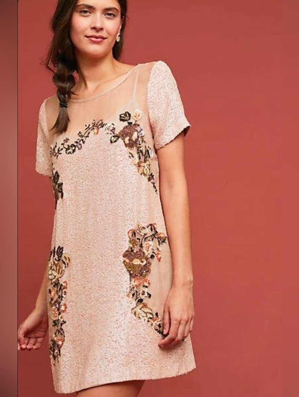 Anthropologie Let Me Be Mini Dress Sequin Floral Pink